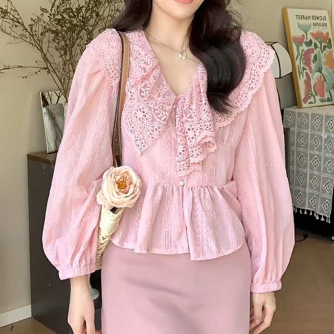 lace V neck long sleeve shirt lf2636