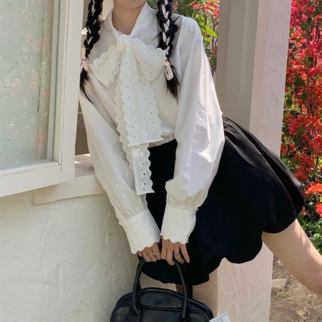 lace ribbon tie blouse lf2542