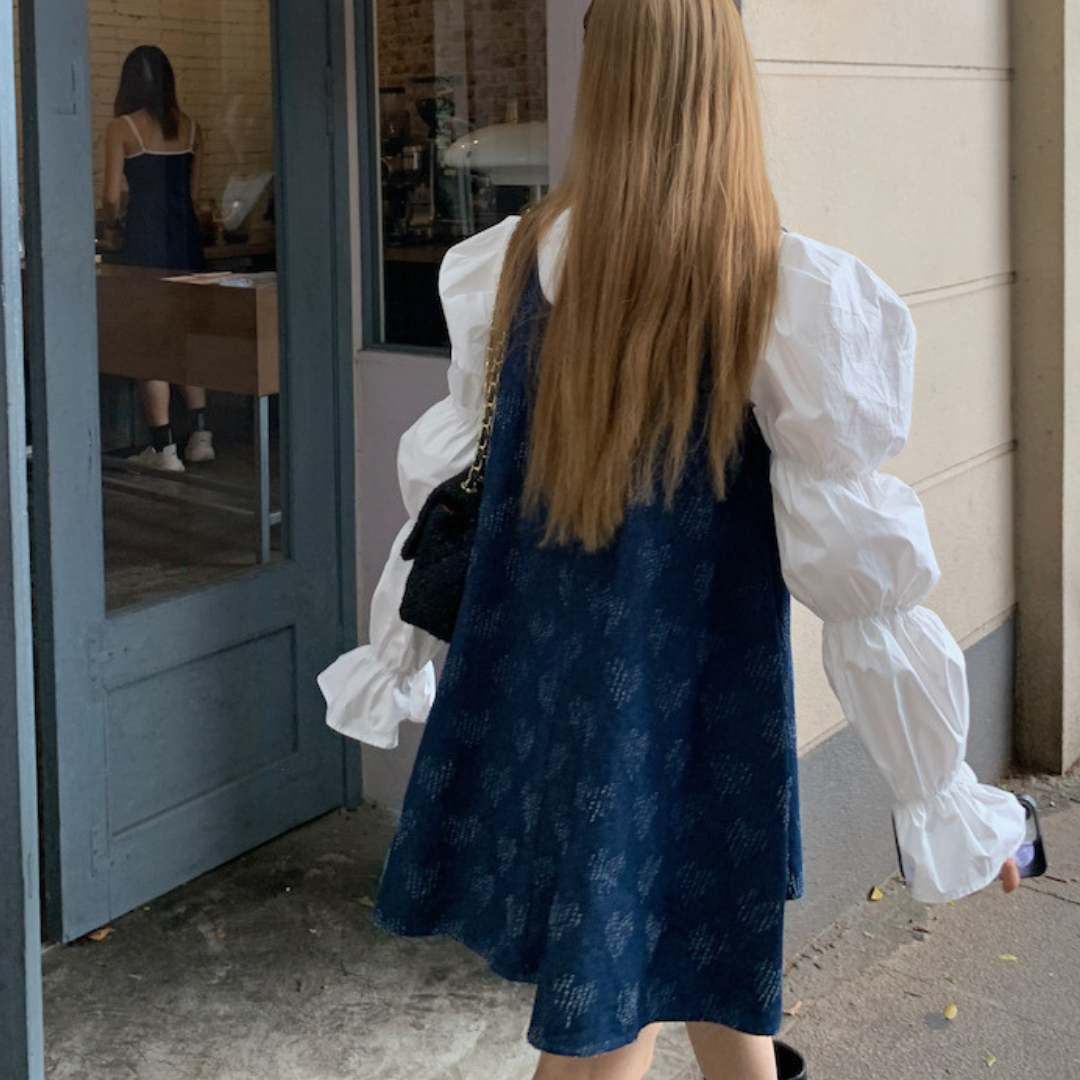 puff sleeve shirt, denim vest skirt lf2643