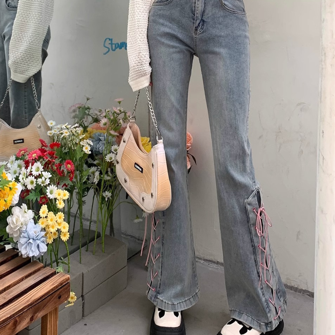 lace up flare denim lf2964