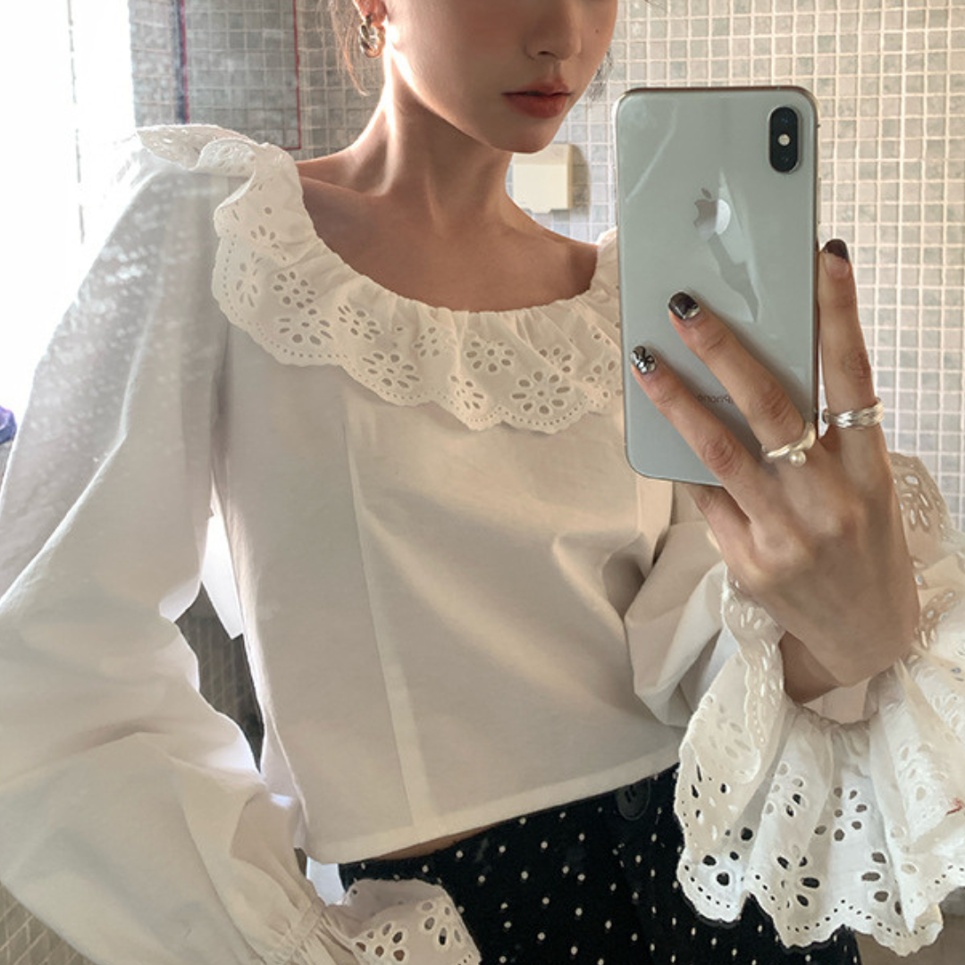 lace ruffle back ribbon blouse lf3014
