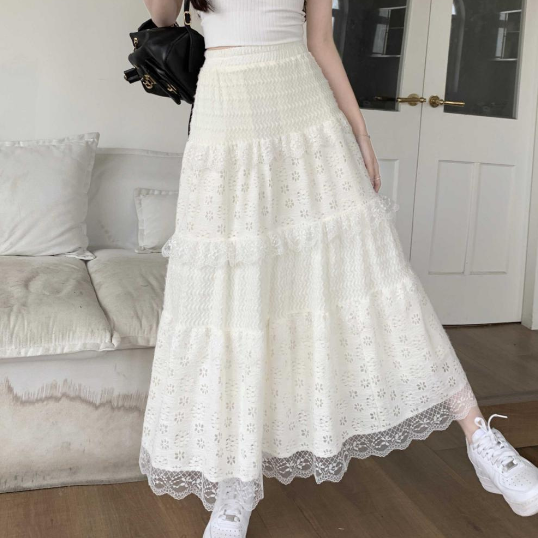 【Ranking2位】【即納】lace rubber long skirt lf3235
