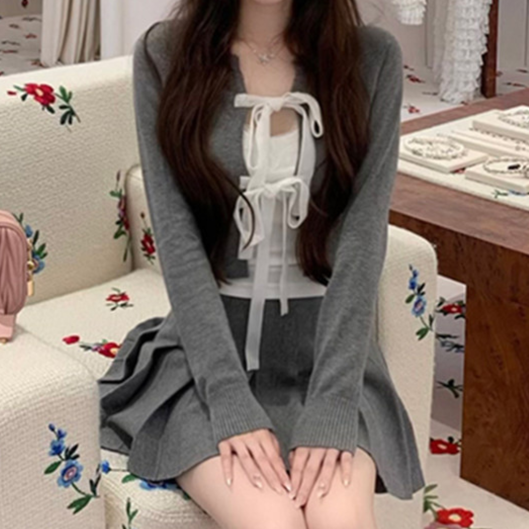 front ribbon gray short cardigan lf2574