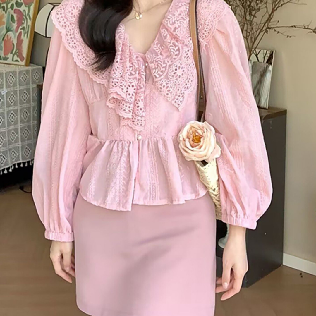 lace V neck long sleeve shirt lf2636