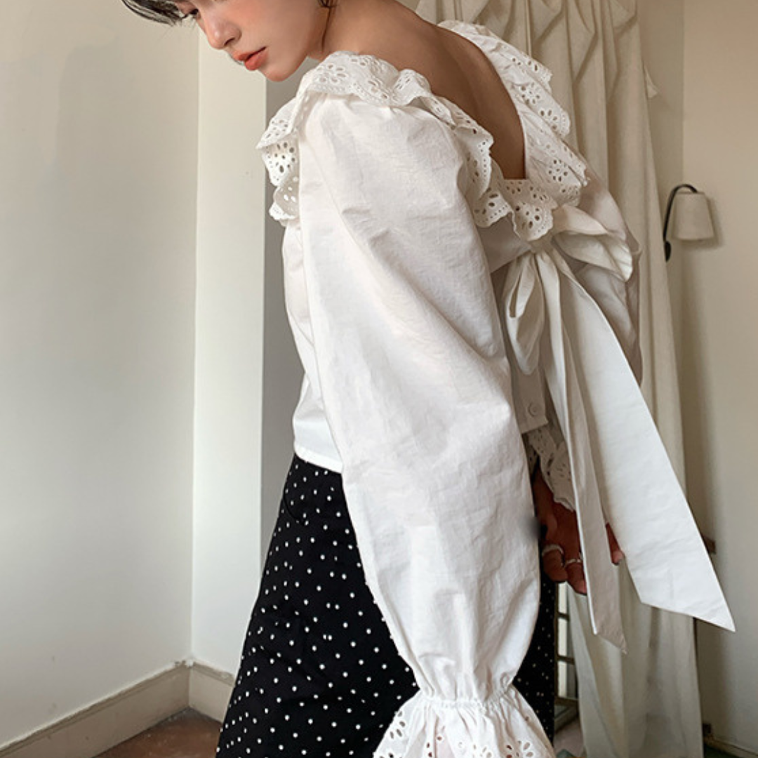 lace ruffle back ribbon blouse lf3014