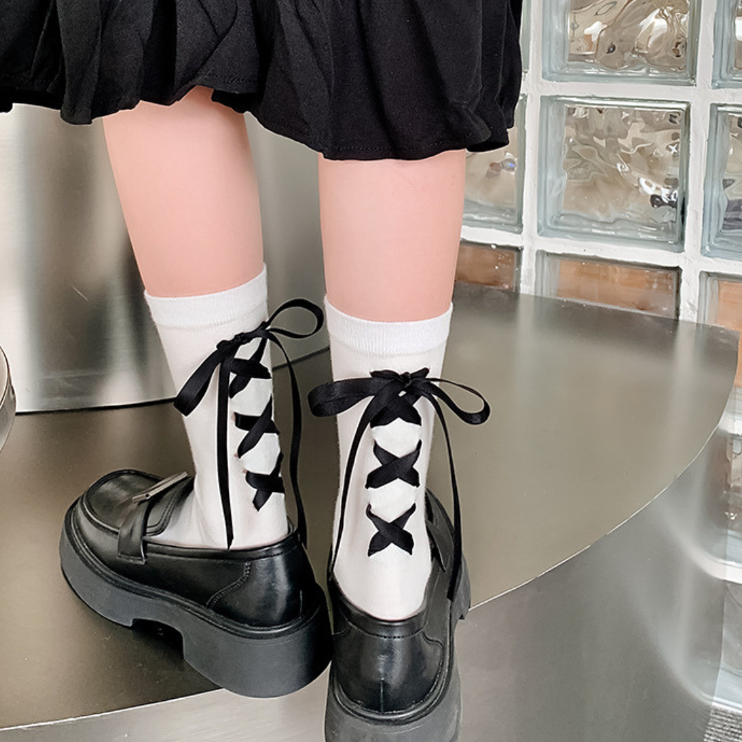 【即納】ribbon laceup socks lf-s1028