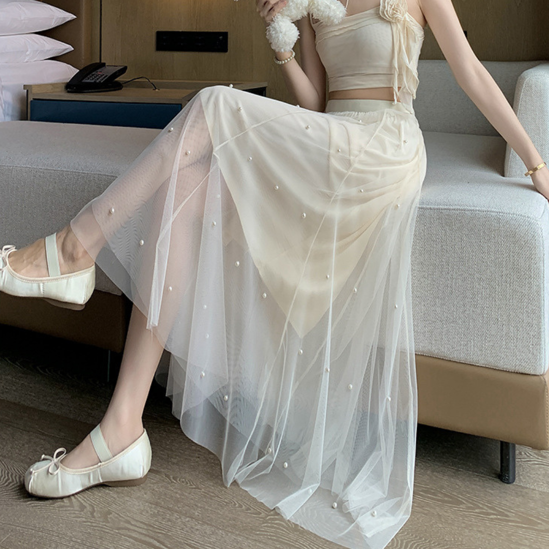 pearl tulle long skirt lf3217
