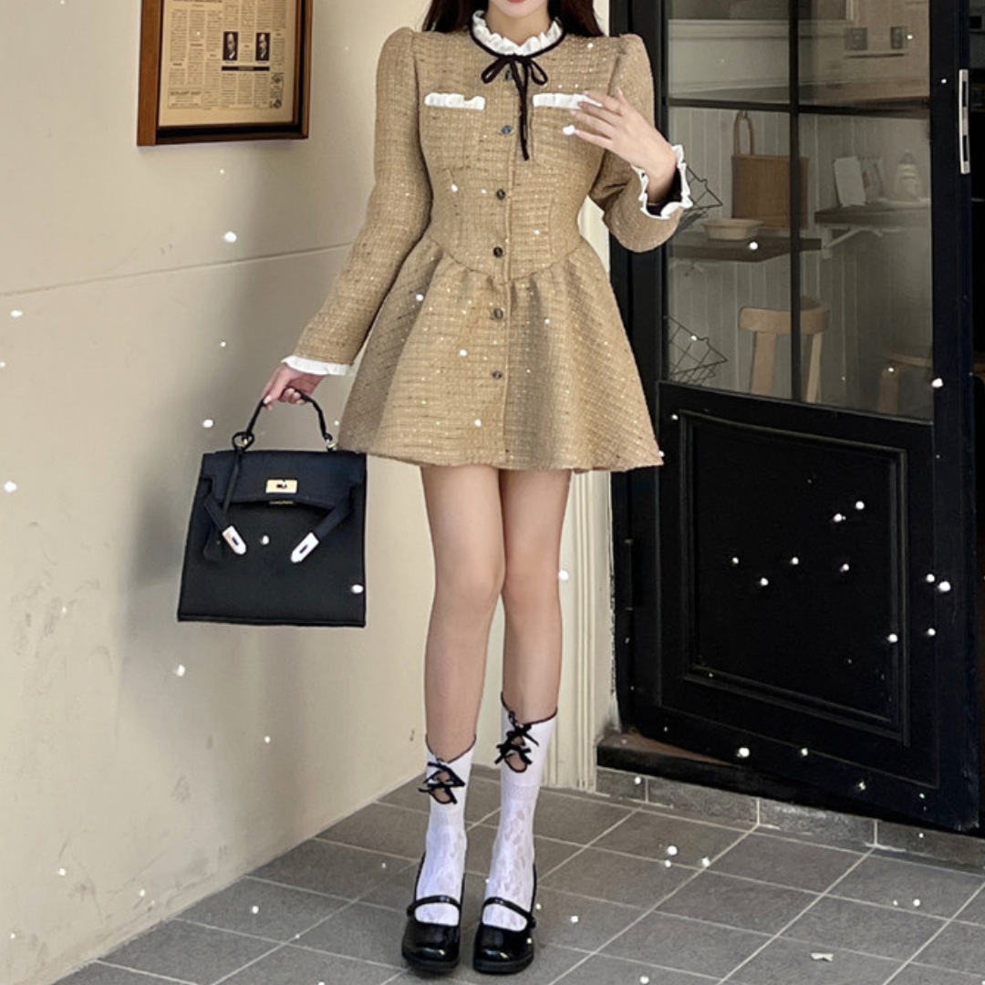frill ribbon tie tweed onepiece lf2558