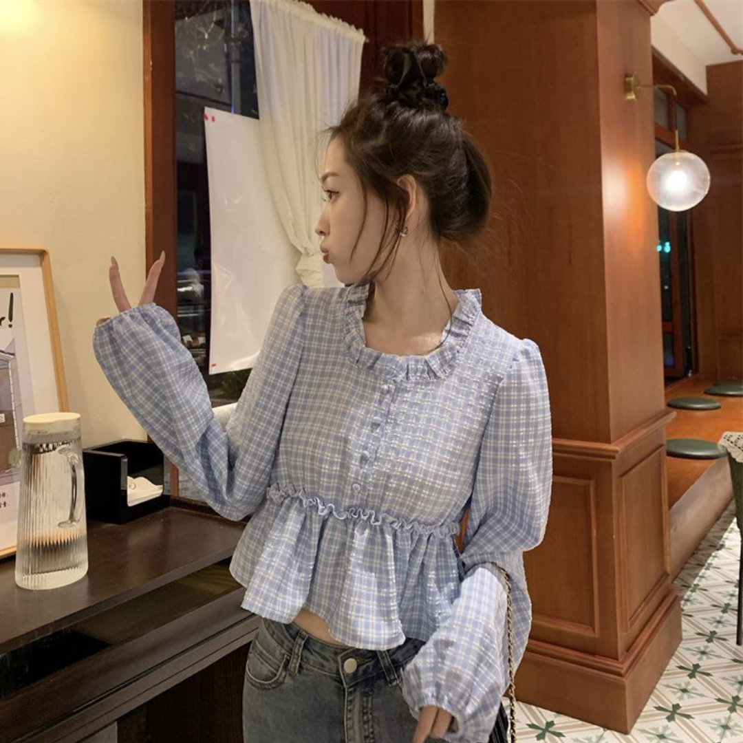 peplum check blouse lf2720