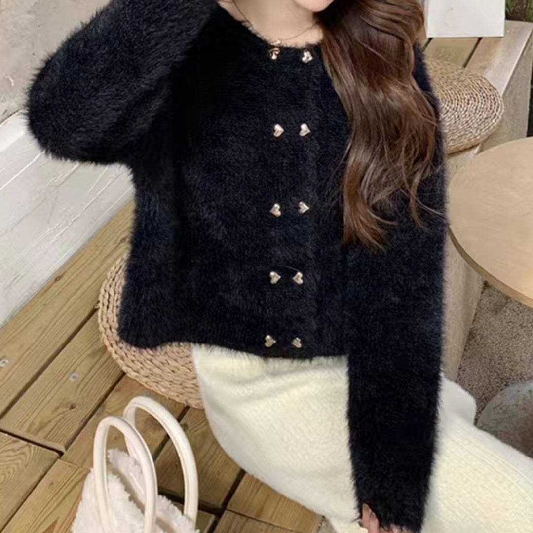 heart double button shaggy knit cardigan lf2536