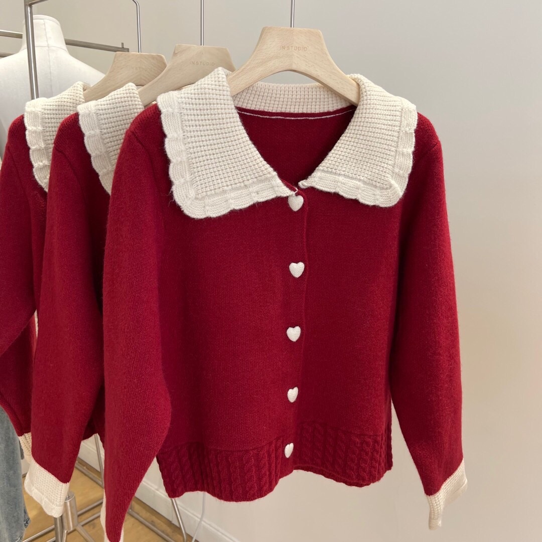 bicolor heart button knit cardigan lf2538