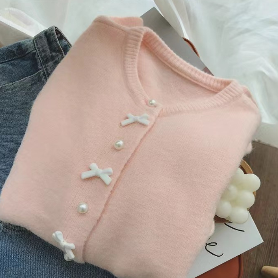 【即納】pearl and ribbon knit cardigan lf-s1016