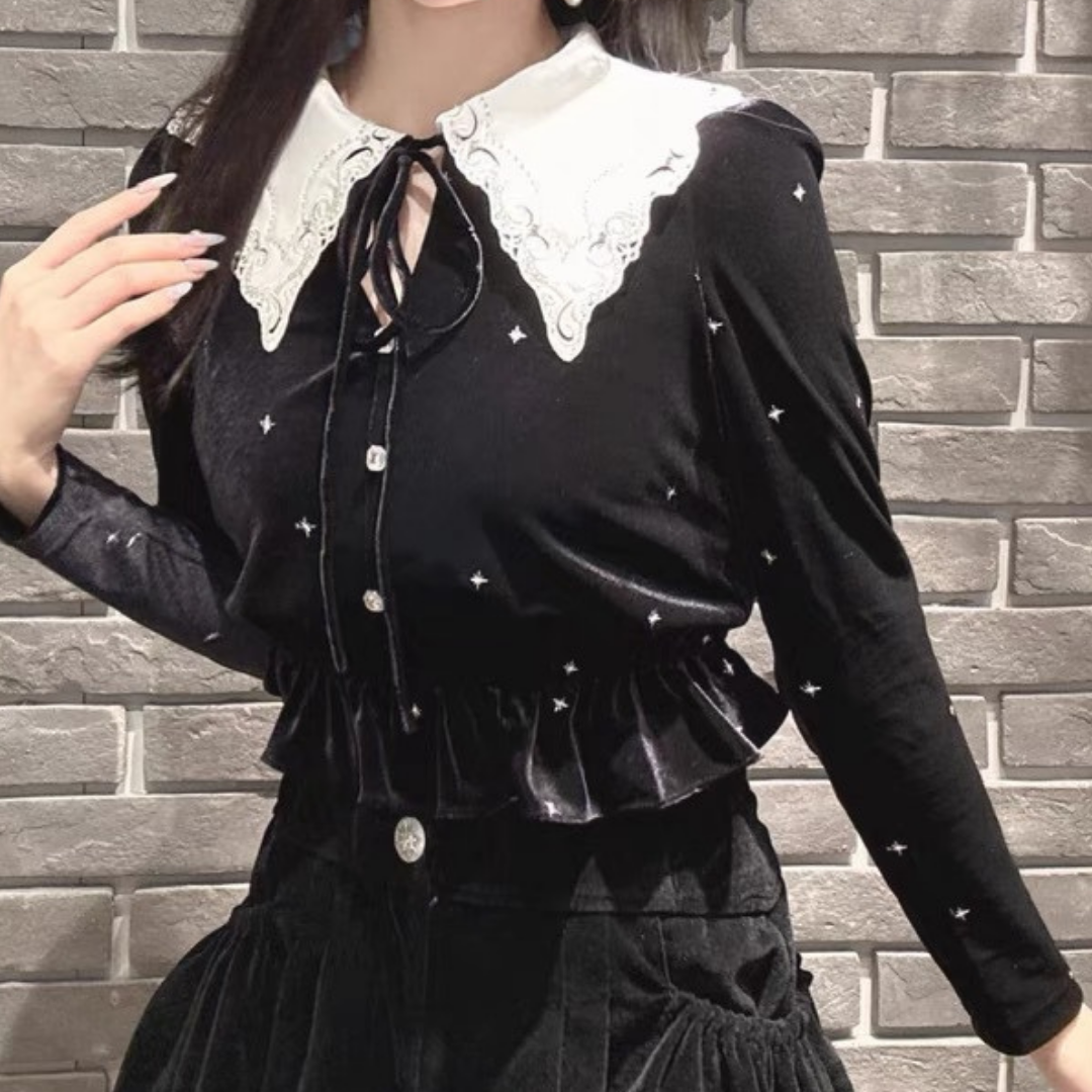 velor lace collar tops lf2688