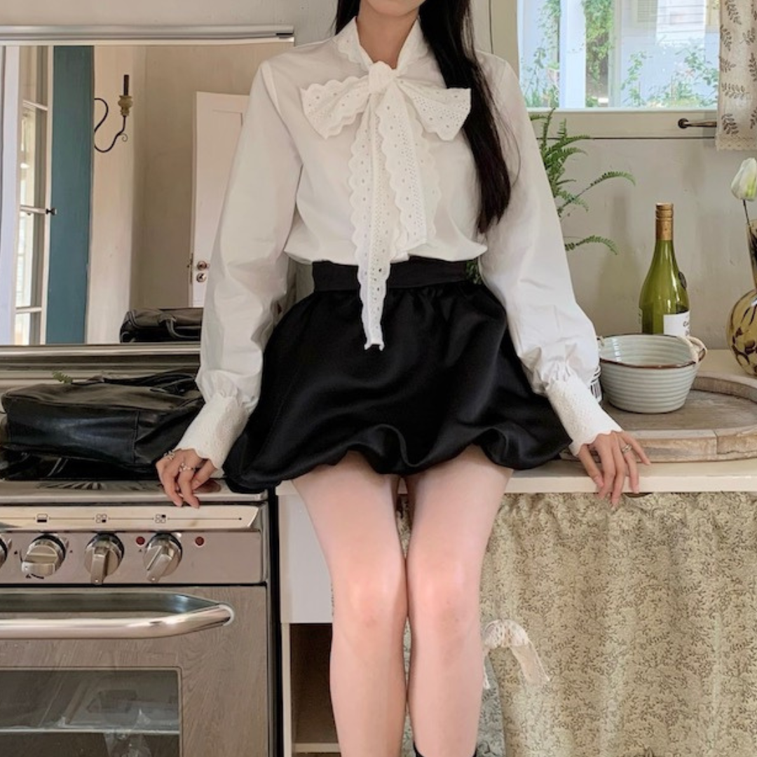 lace ribbon tie blouse lf2542