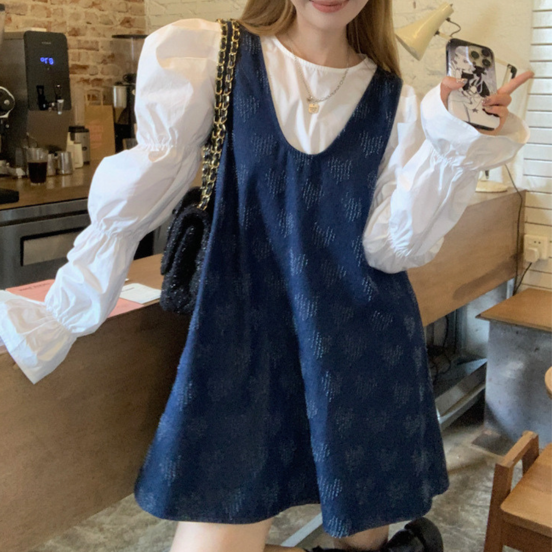 puff sleeve shirt, denim vest skirt lf2643
