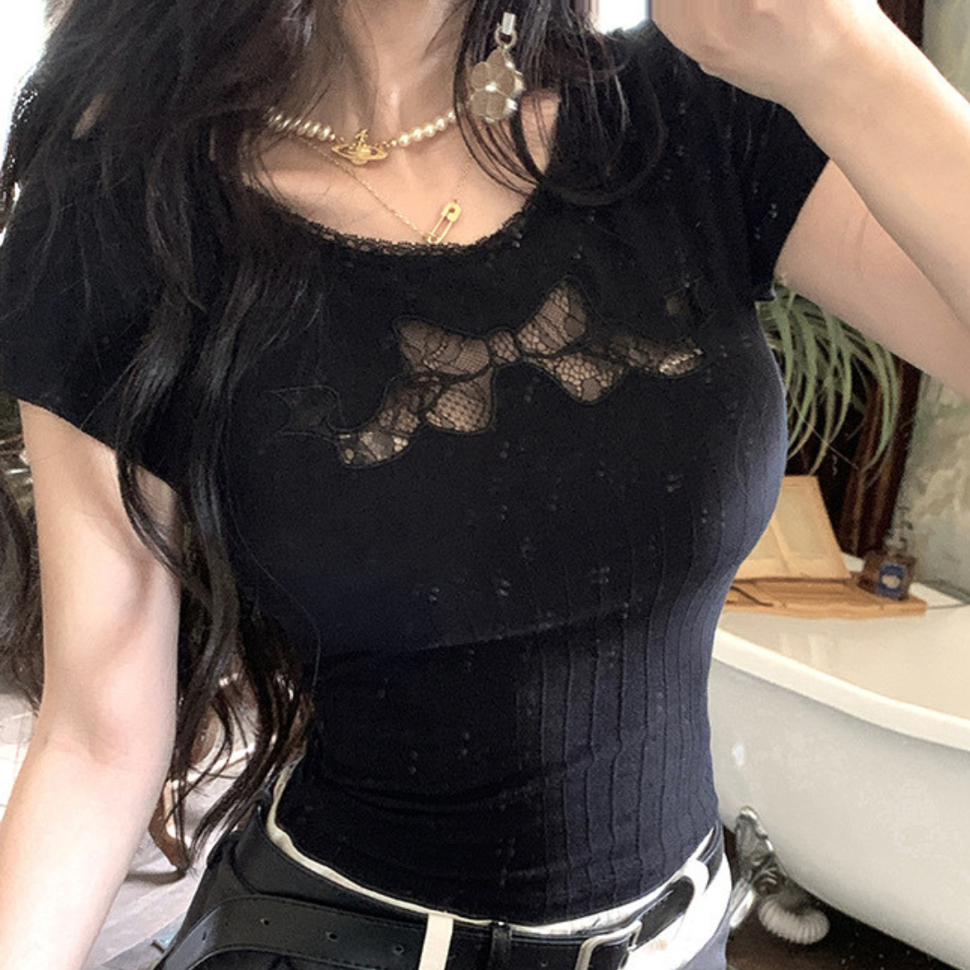 【即納】ribbon only lace T-shirt lf3163