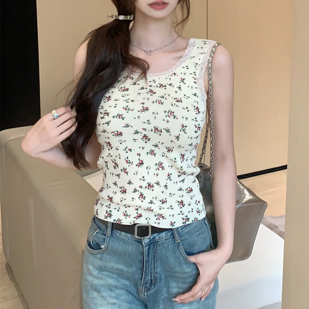 【即納】floral lace sleeveless tops lf3227