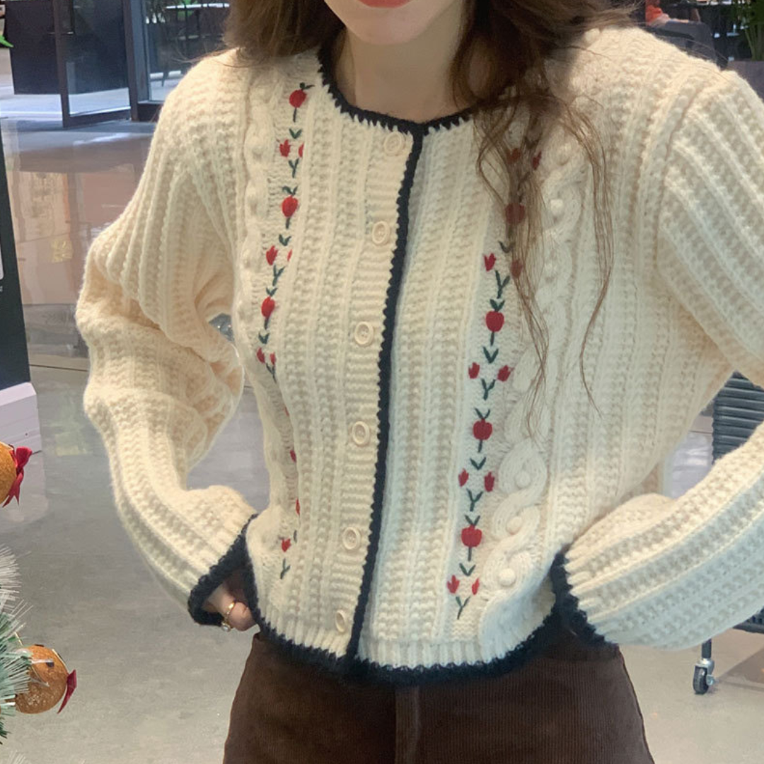 Flower embroidery cable knit lf2694