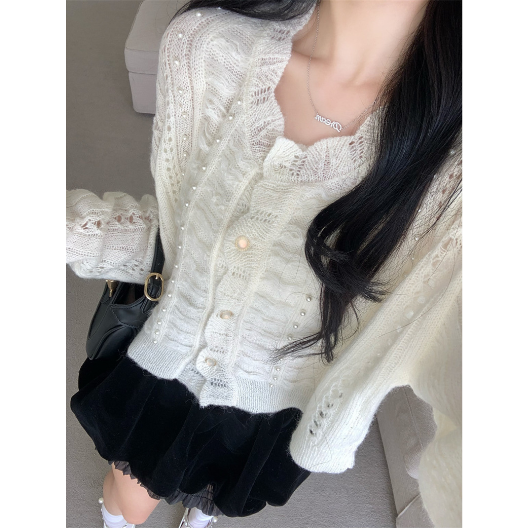pearl scallop knit cardigan lf2541