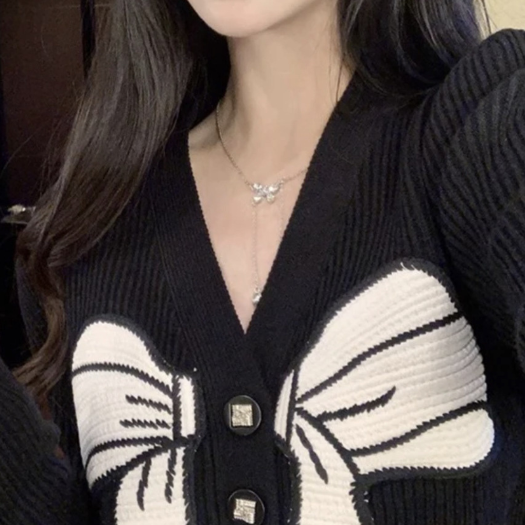 V neck ribbon sweater cardigan lf2737