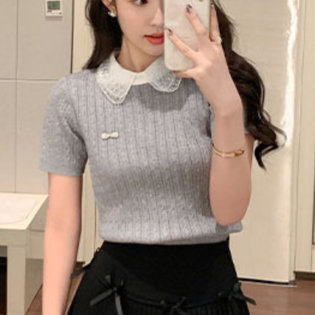 sparkly collar short sleeve knit lf3287