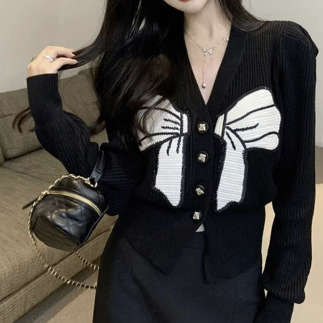 V neck ribbon sweater cardigan lf2737