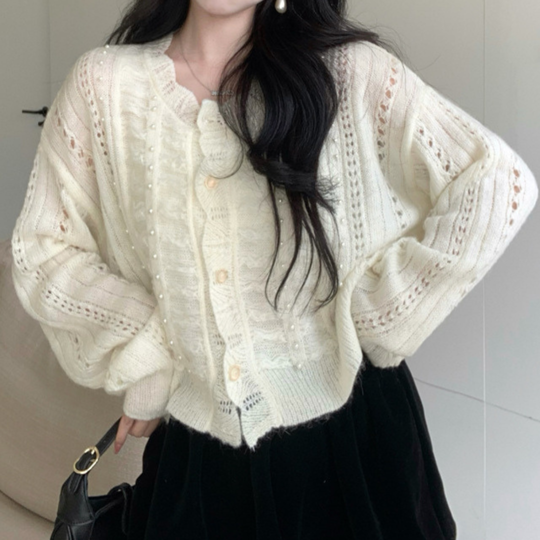 pearl scallop knit cardigan lf2541
