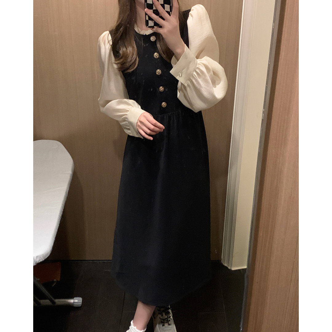 gold button frill neck monotone onepiece lf2578
