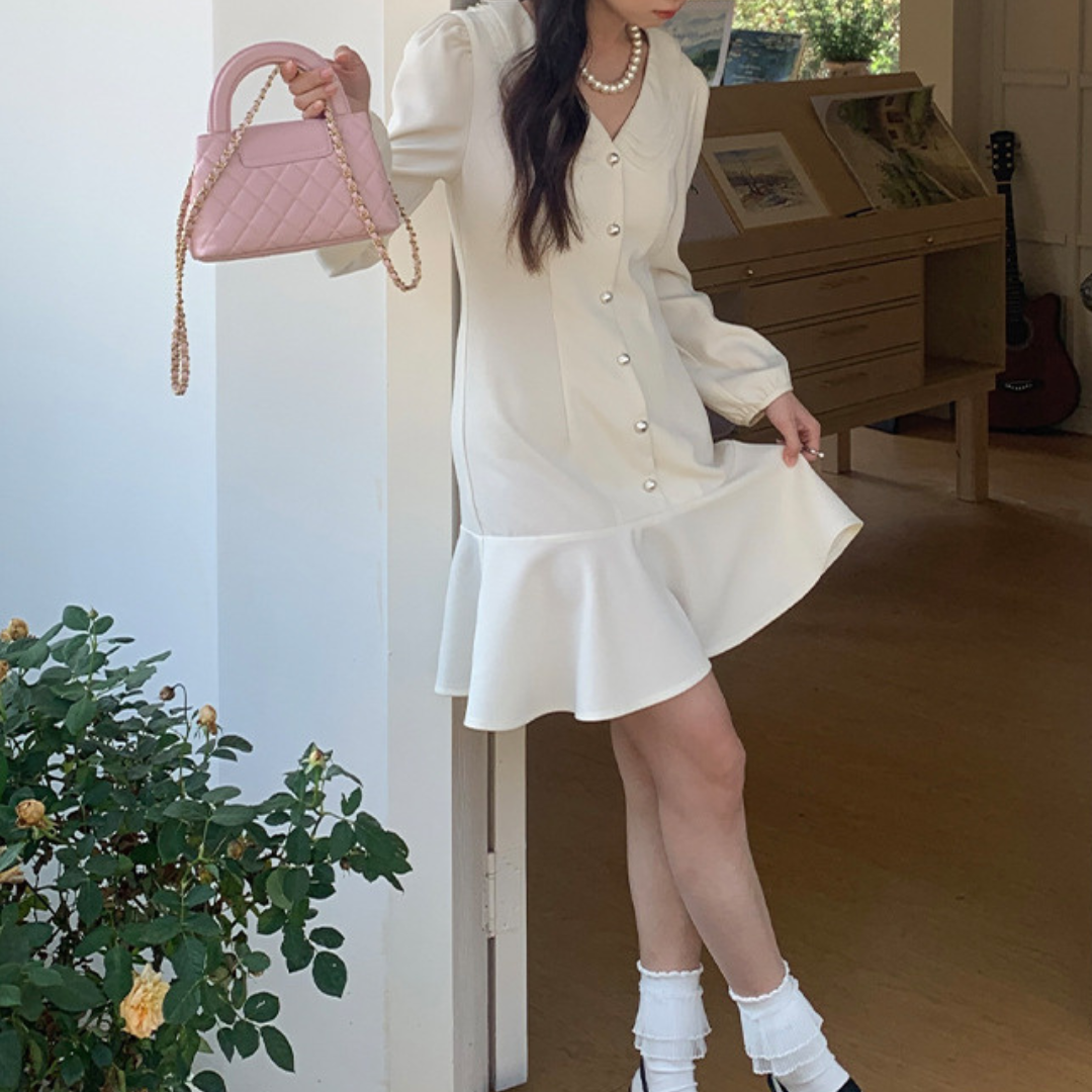 front button ruffle dress lf3011