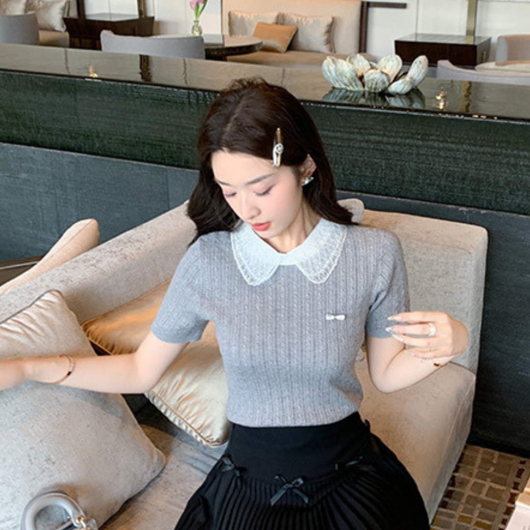 sparkly collar short sleeve knit lf3287