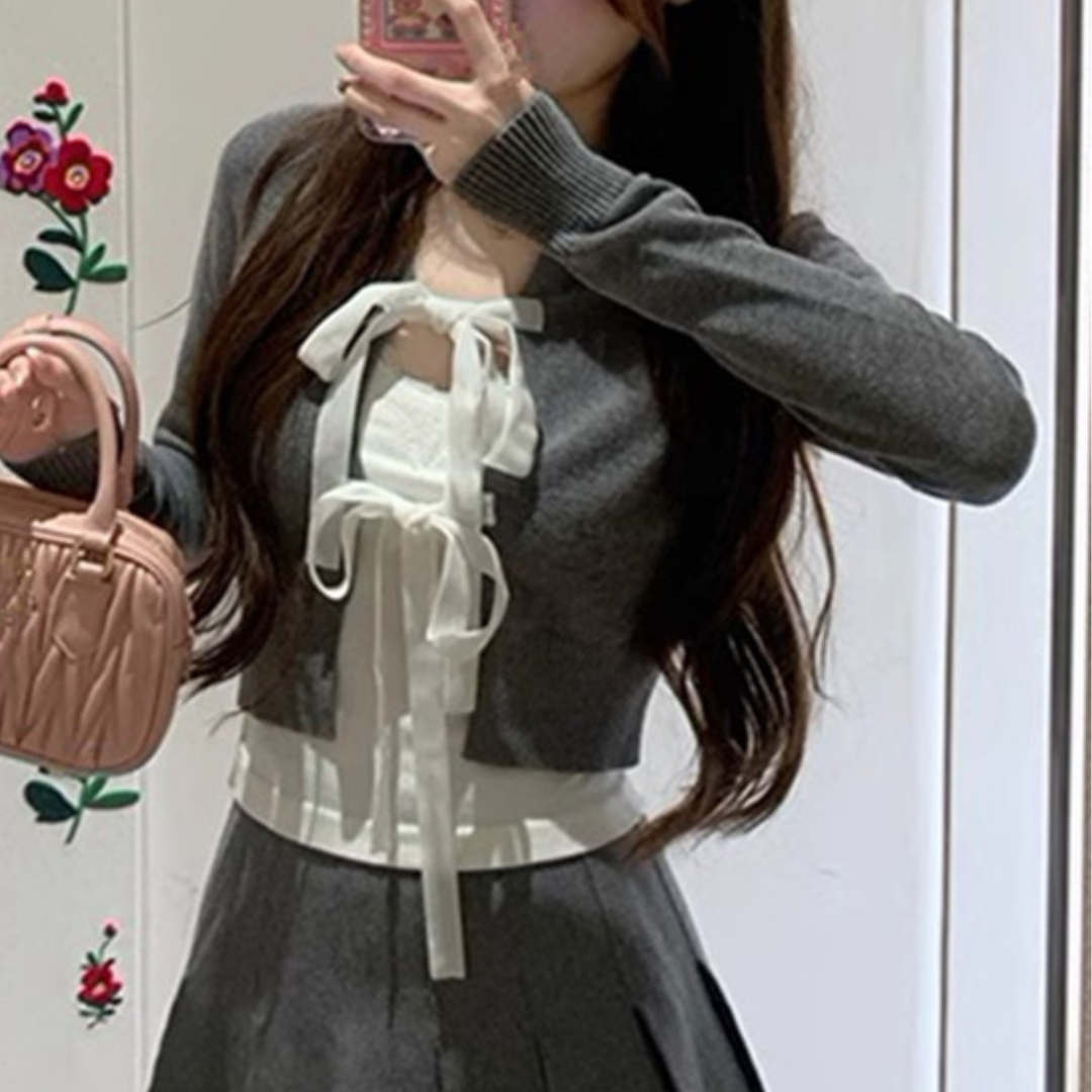 front ribbon gray short cardigan lf2574
