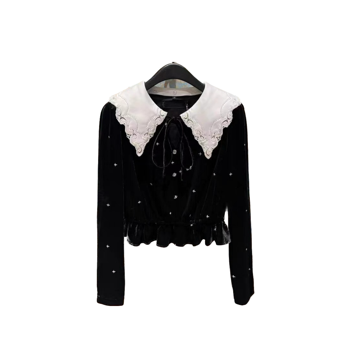 velor lace collar tops lf2688