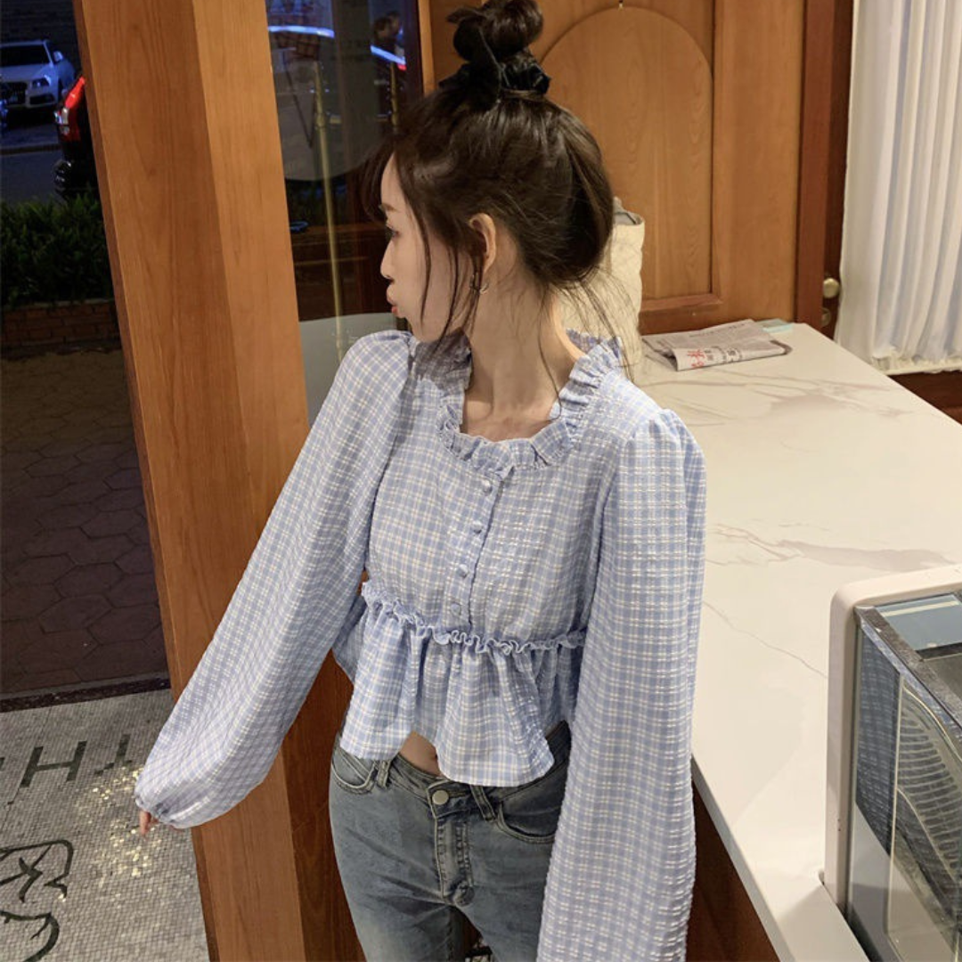 peplum check blouse lf2720