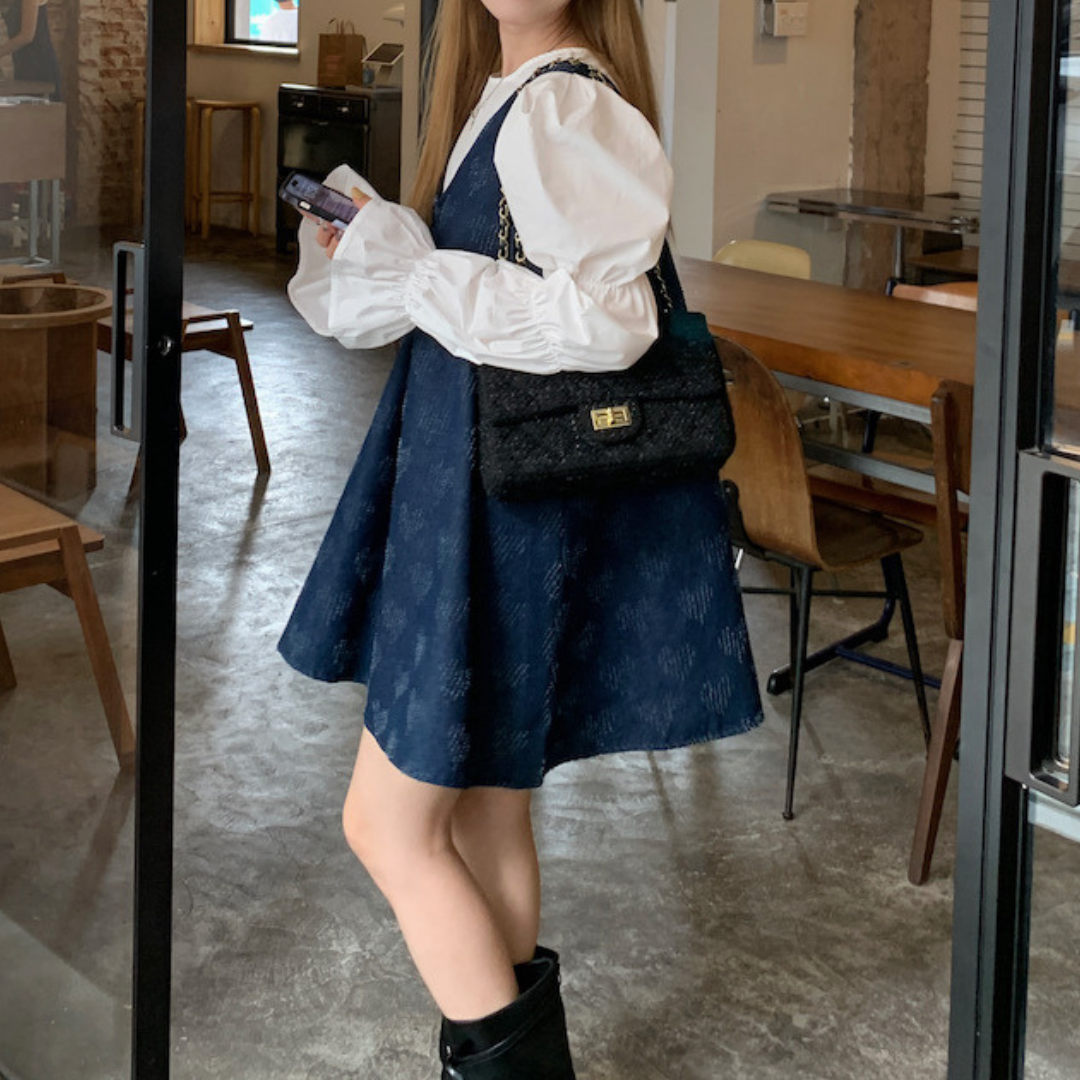 puff sleeve shirt, denim vest skirt lf2643