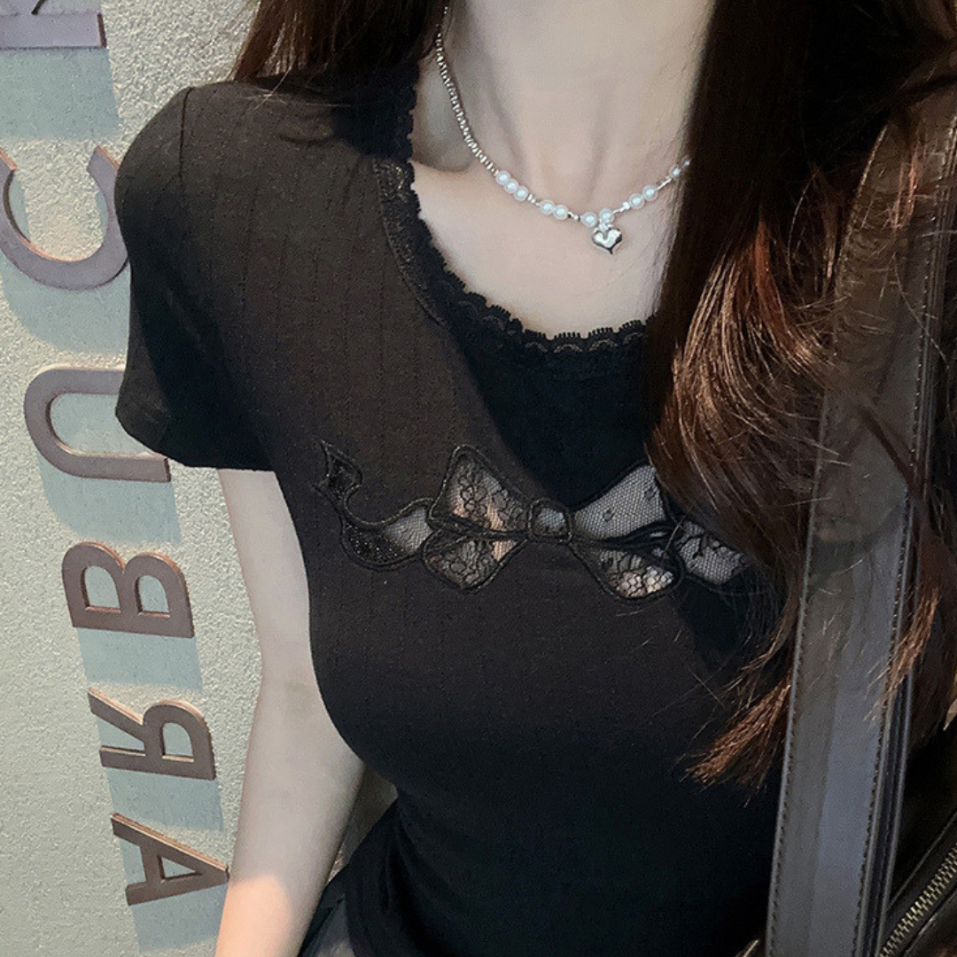 【即納】ribbon only lace T-shirt lf3163