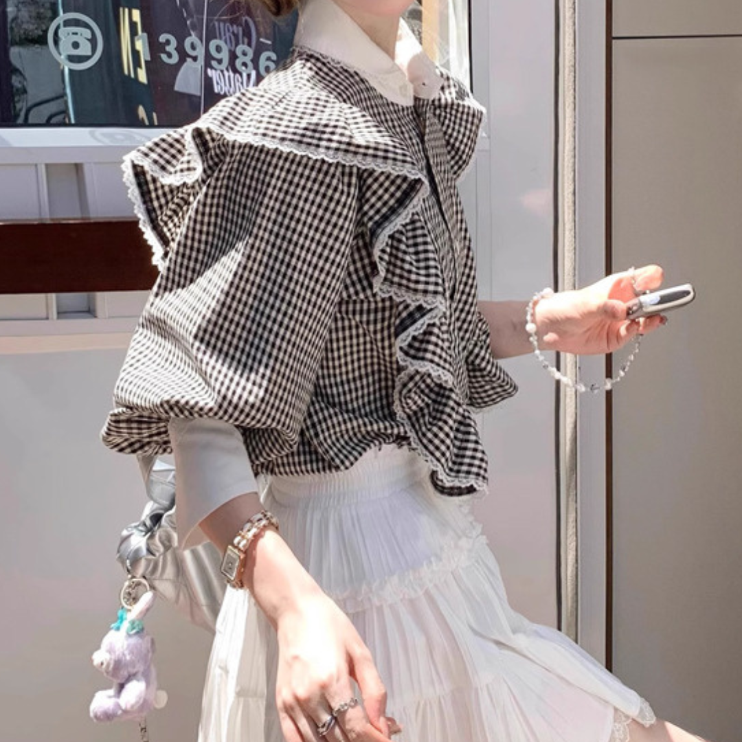 ginghamcheck frill french blouse lf2552
