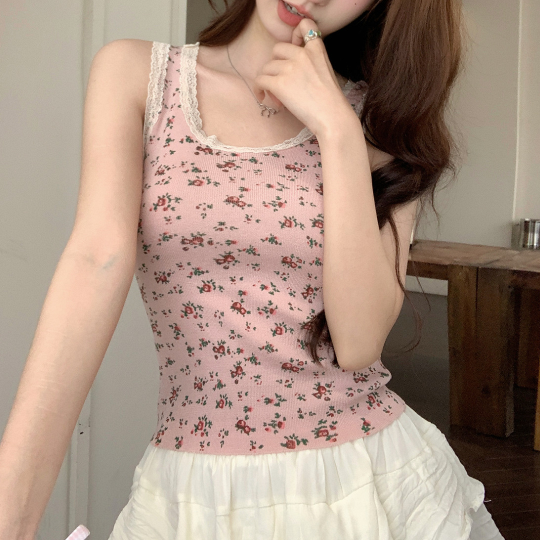 【即納】floral lace sleeveless tops lf3227