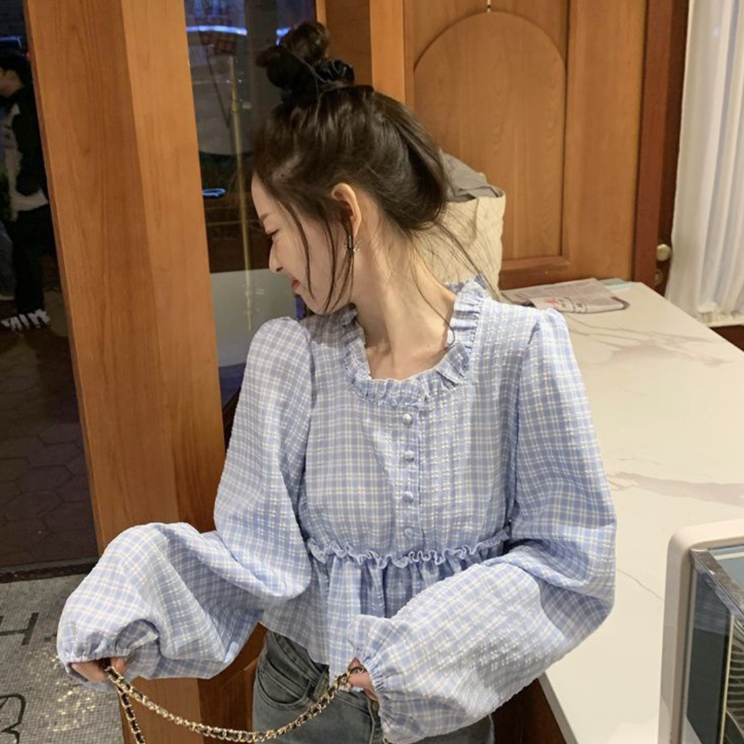 peplum check blouse lf2720