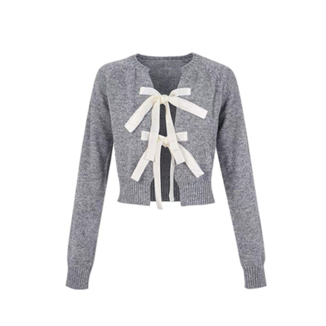 front ribbon gray short cardigan lf2574