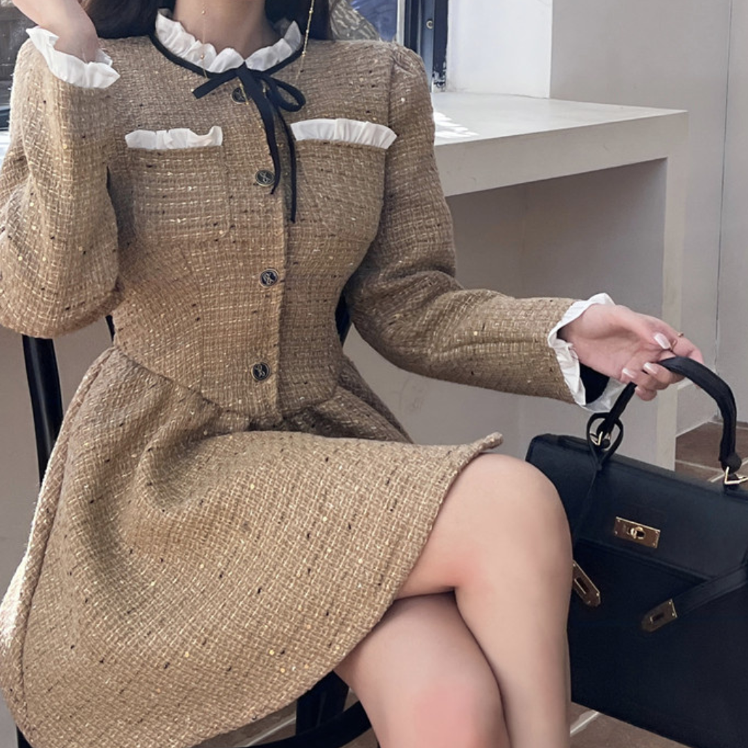 frill ribbon tie tweed onepiece lf2558