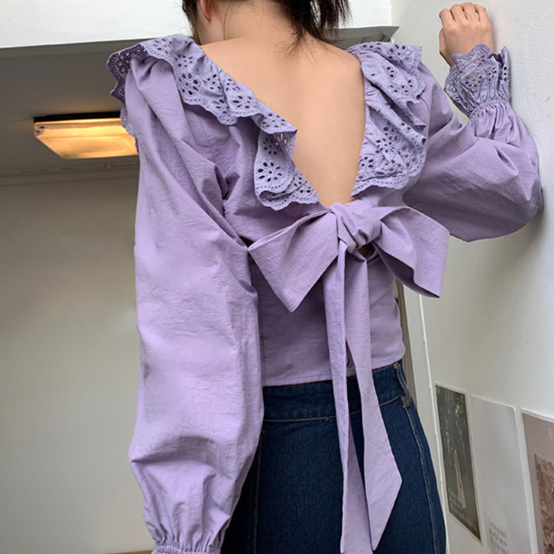 lace ruffle back ribbon blouse lf3014