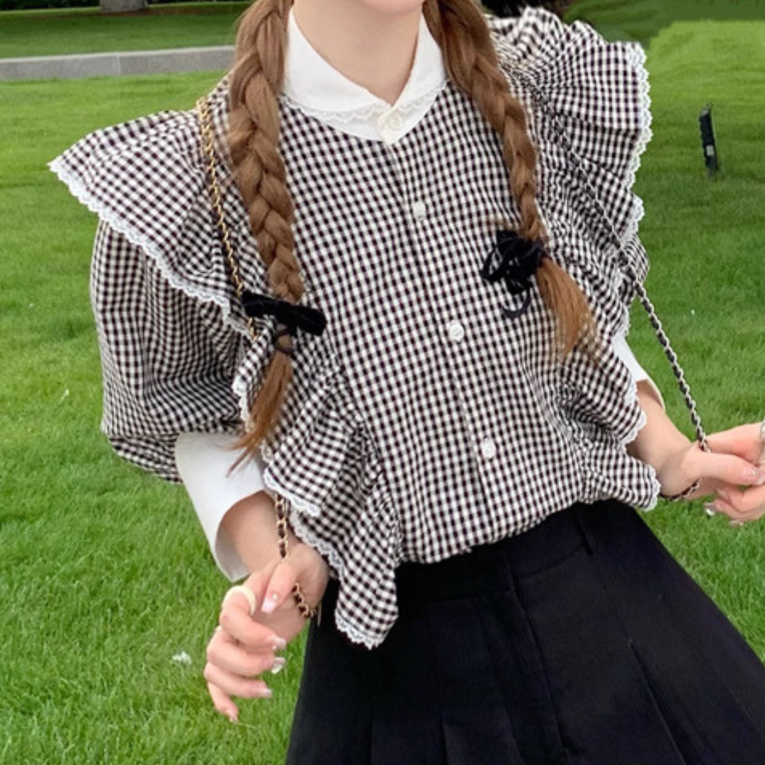 ginghamcheck frill french blouse lf2552