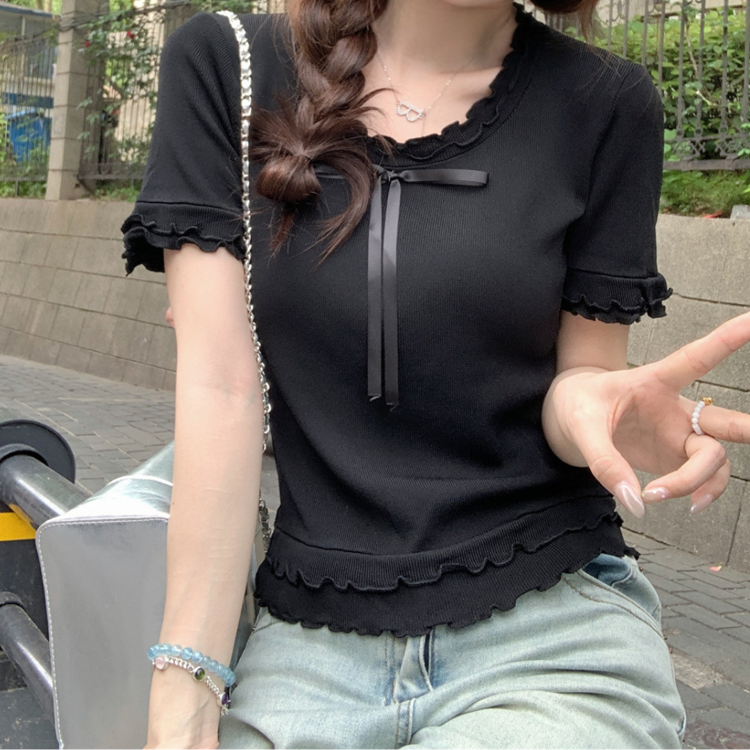 【即納】low neckline ruffle tops lf3205