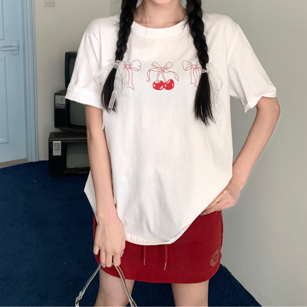 【即納】Cherry print T-shirt lf3281
