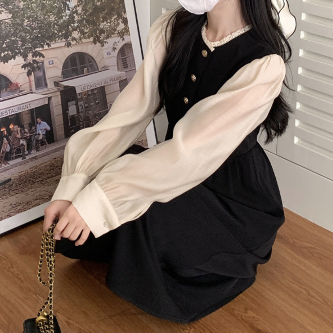 gold button frill neck monotone onepiece lf2578