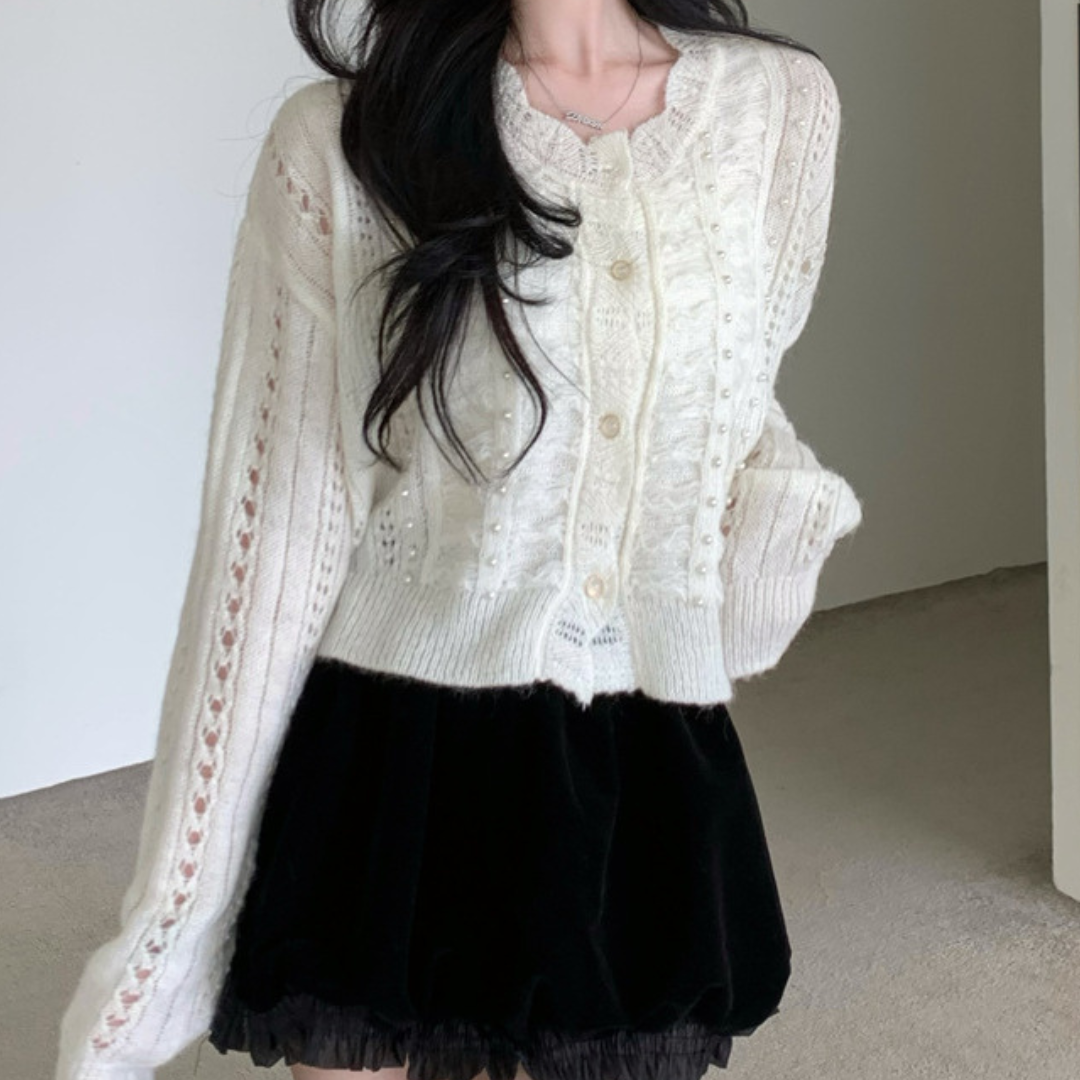 pearl scallop knit cardigan lf2541