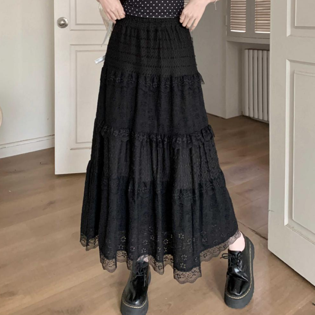 【Ranking2位】【即納】lace rubber long skirt lf3235