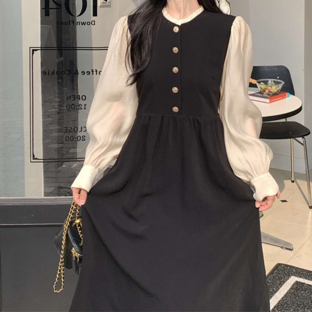 gold button frill neck monotone onepiece lf2578