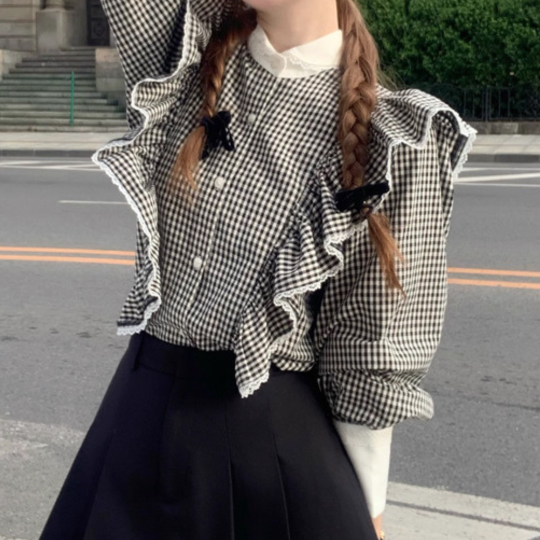 ginghamcheck frill french blouse lf2552