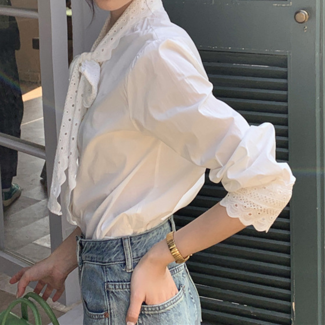 lace ribbon tie blouse lf2542